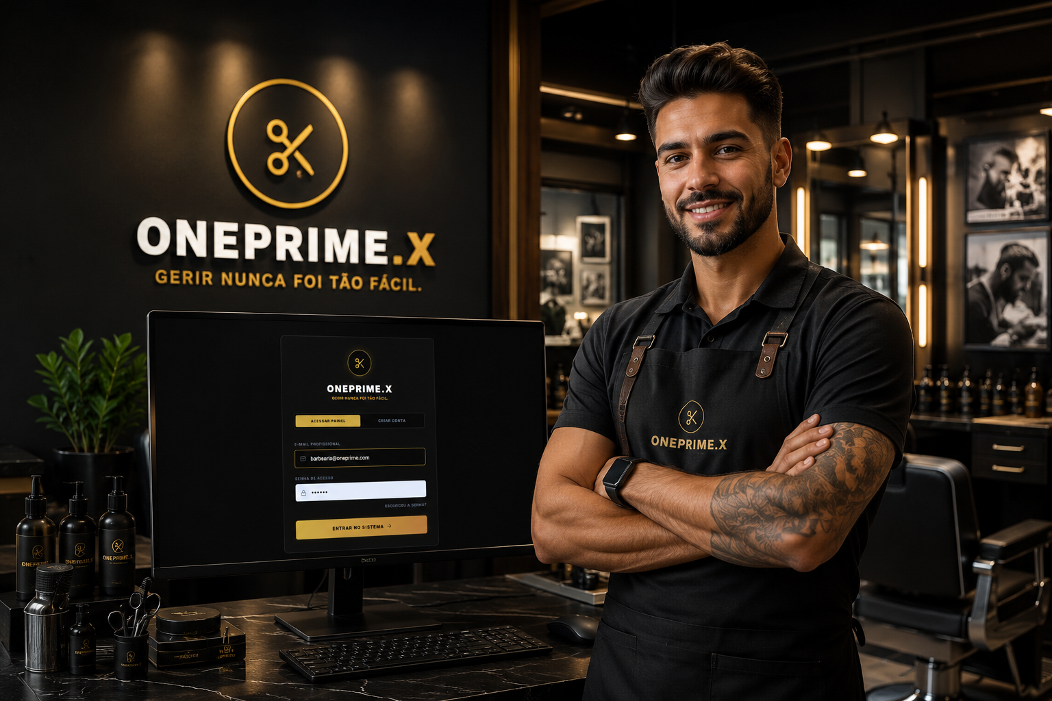 Sistema OnePrime.X em uso na barbearia